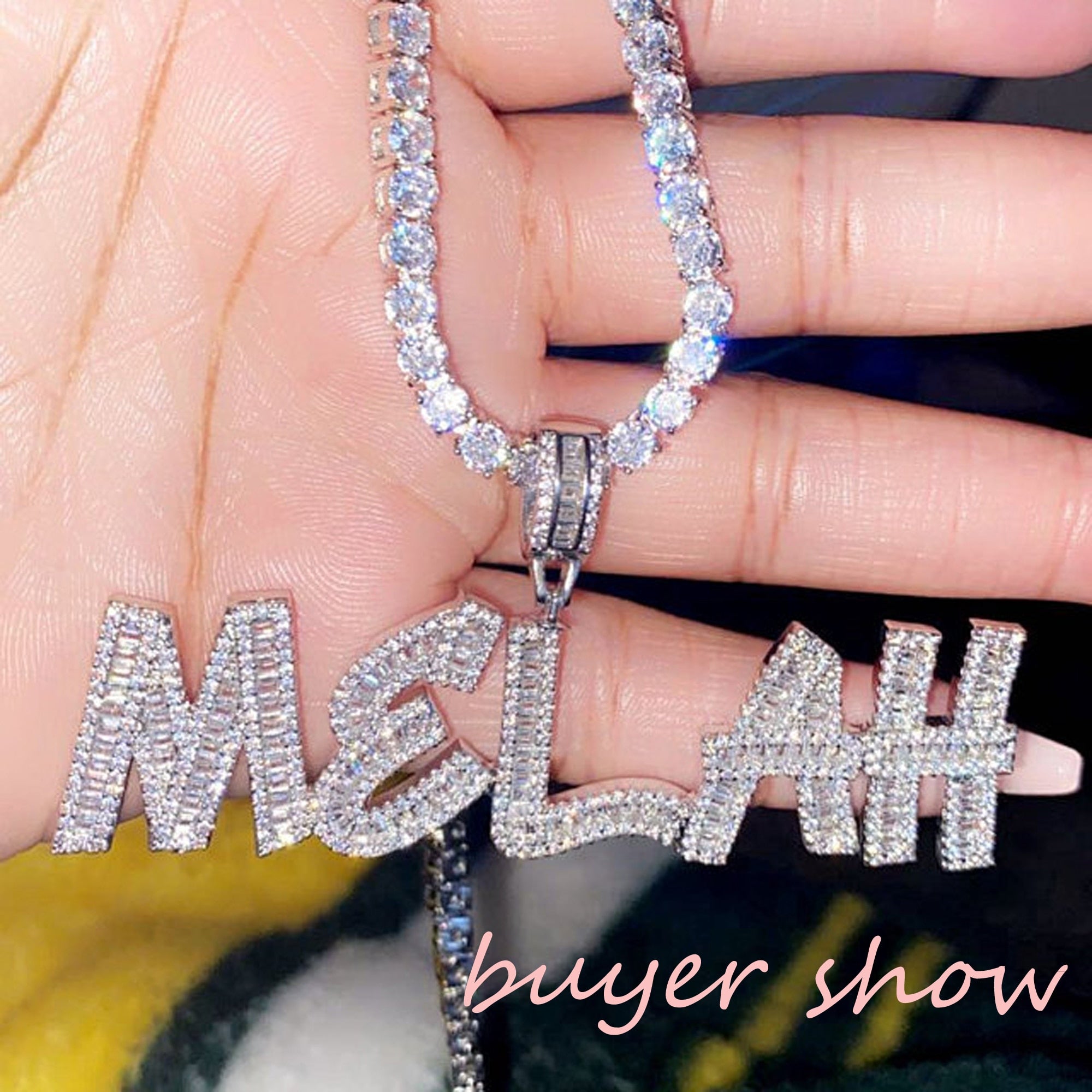 Custom Baguette Letter Name Necklace – Iced Out Pendant with Tennis Chain