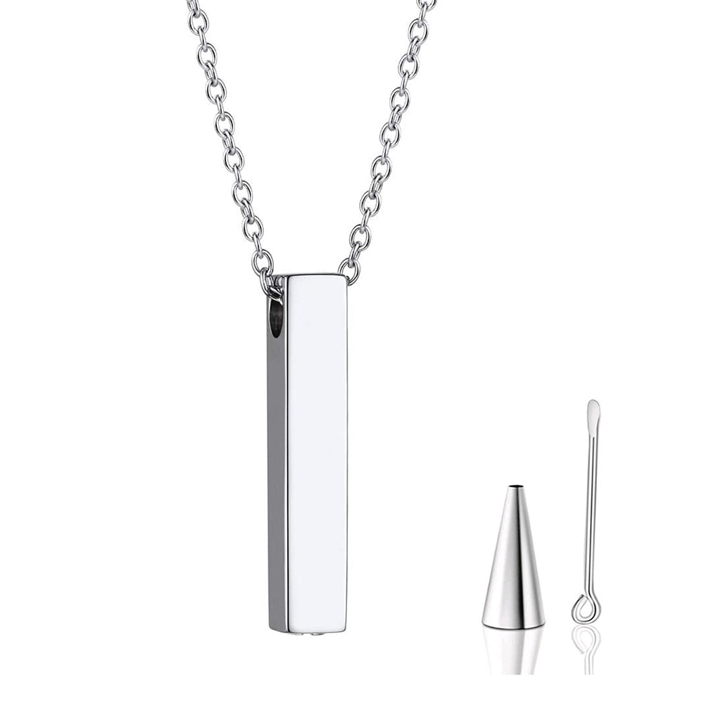 Stainless Steel Vertical Cubic Bar Container Urn Memorial Pendant Necklace