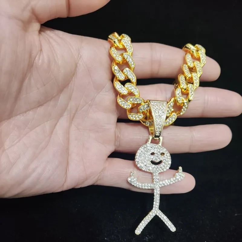 Collier cubain Stickman avec doigt d'honneur glacé - Pendentif hip-hop amusant