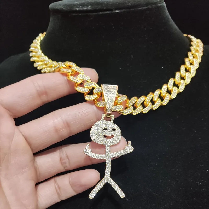 Collier cubain Stickman avec doigt d'honneur glacé - Pendentif hip-hop amusant