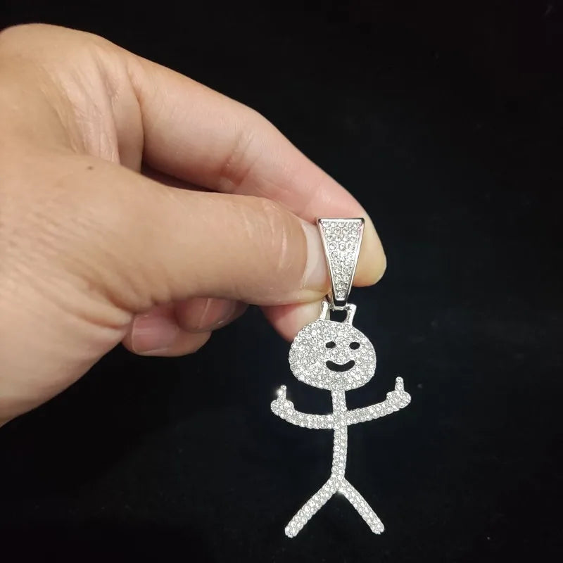 Collier cubain Stickman avec doigt d'honneur glacé - Pendentif hip-hop amusant
