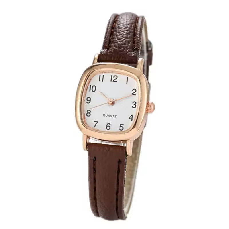 Braune Retro-Damenuhr mit quadratischem Lederarmband