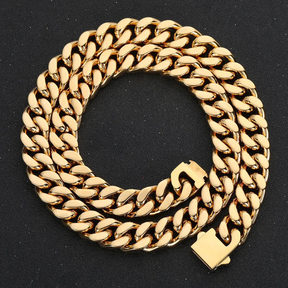 Vergoldete Edelstahl-Panzerkette oder -Armband mit kubanischen Gliedern – BOGO