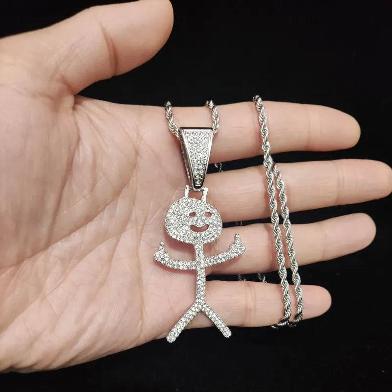 Collier cubain Stickman avec doigt d'honneur glacé - Pendentif hip-hop amusant