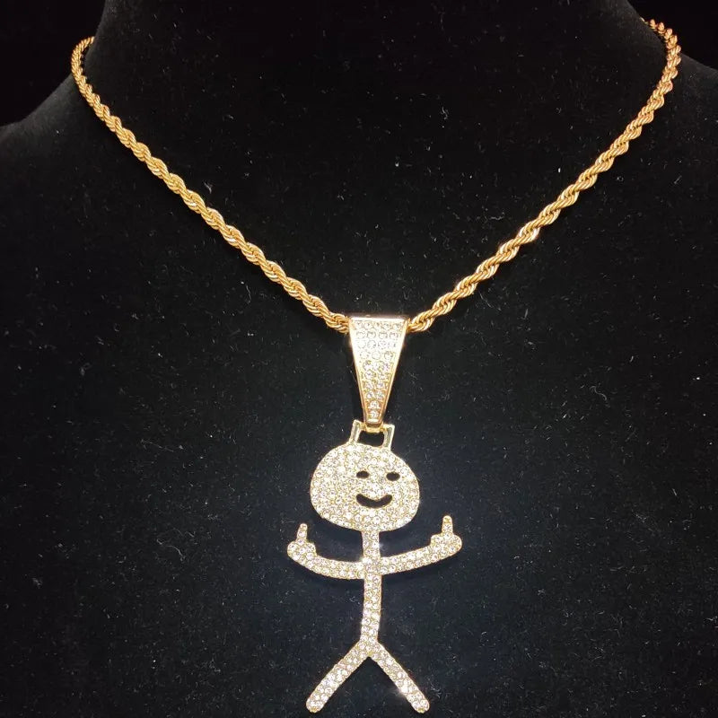 Collier cubain Stickman avec doigt d'honneur glacé - Pendentif hip-hop amusant