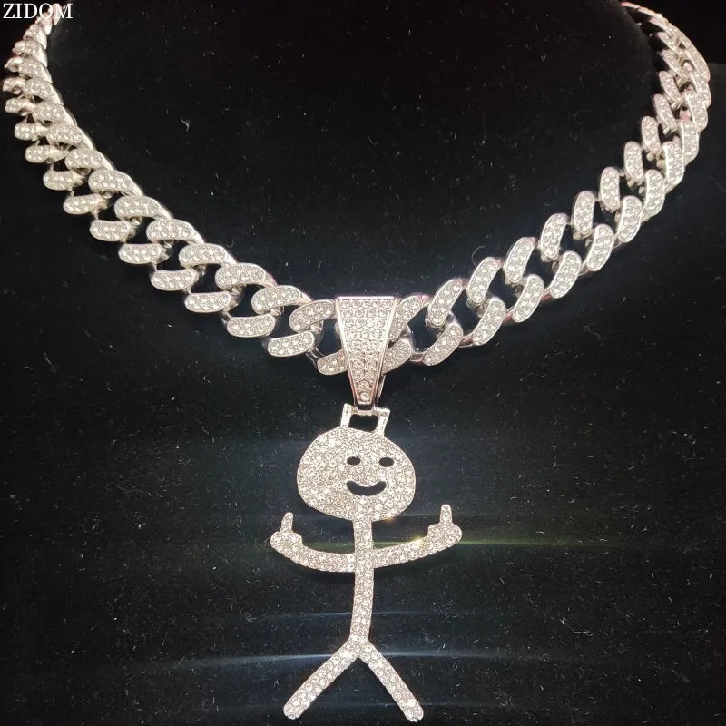 Collier cubain Stickman avec doigt d'honneur glacé - Pendentif hip-hop amusant