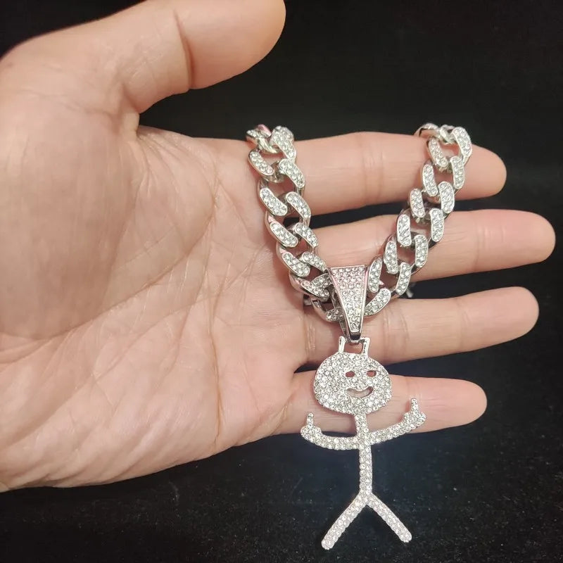Collier cubain Stickman avec doigt d'honneur glacé - Pendentif hip-hop amusant
