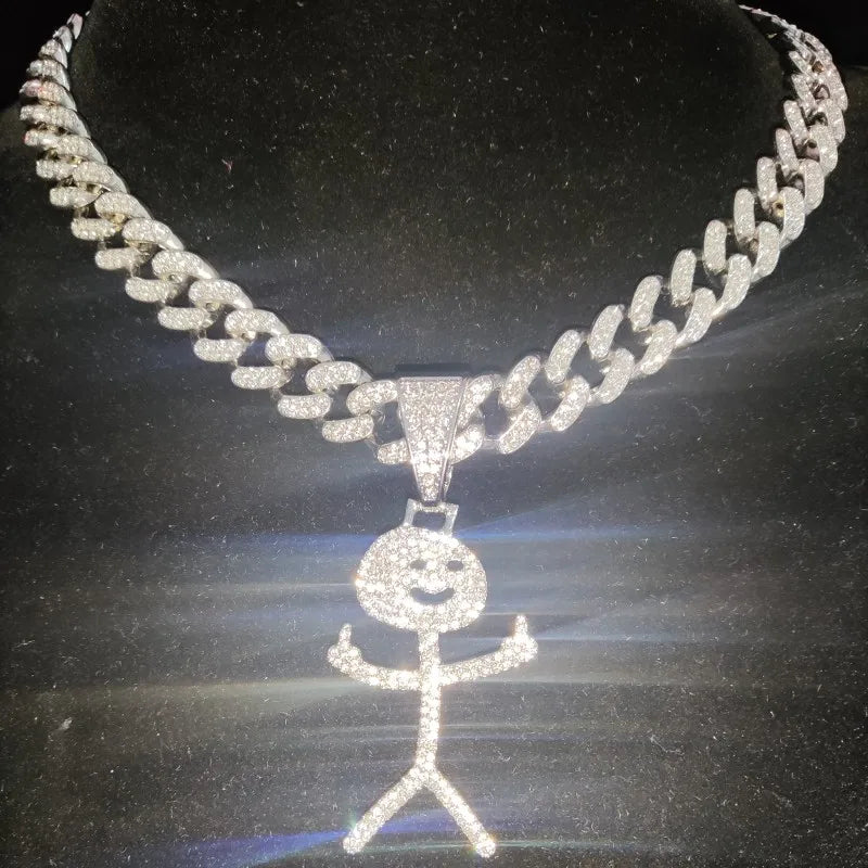 Collier cubain Stickman avec doigt d'honneur glacé - Pendentif hip-hop amusant