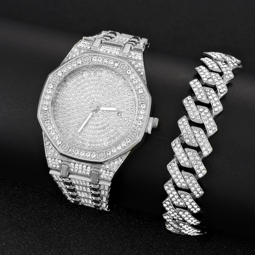 "King Frost" Iced Out Men’s Gold Watch and Miami Cuban Bracelet Luxury Bundle