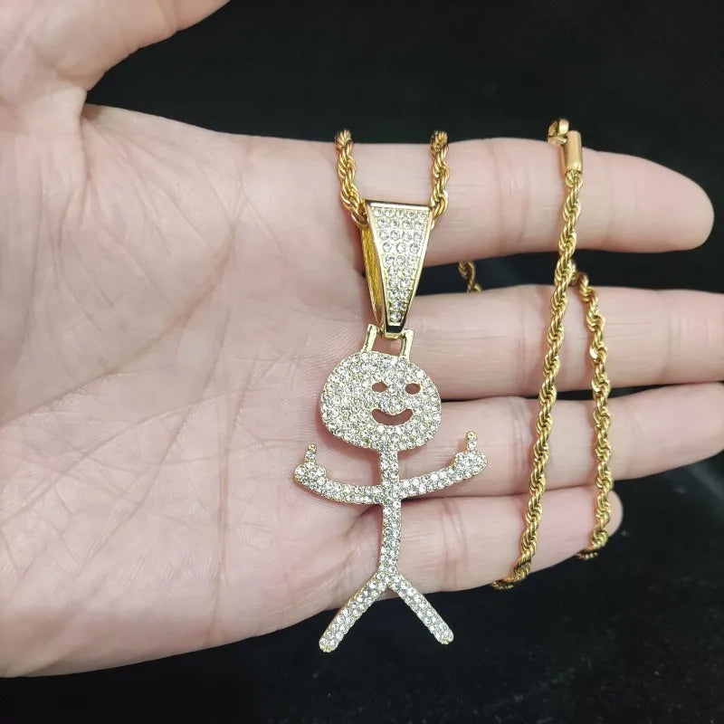 Collier cubain Stickman avec doigt d'honneur glacé - Pendentif hip-hop amusant
