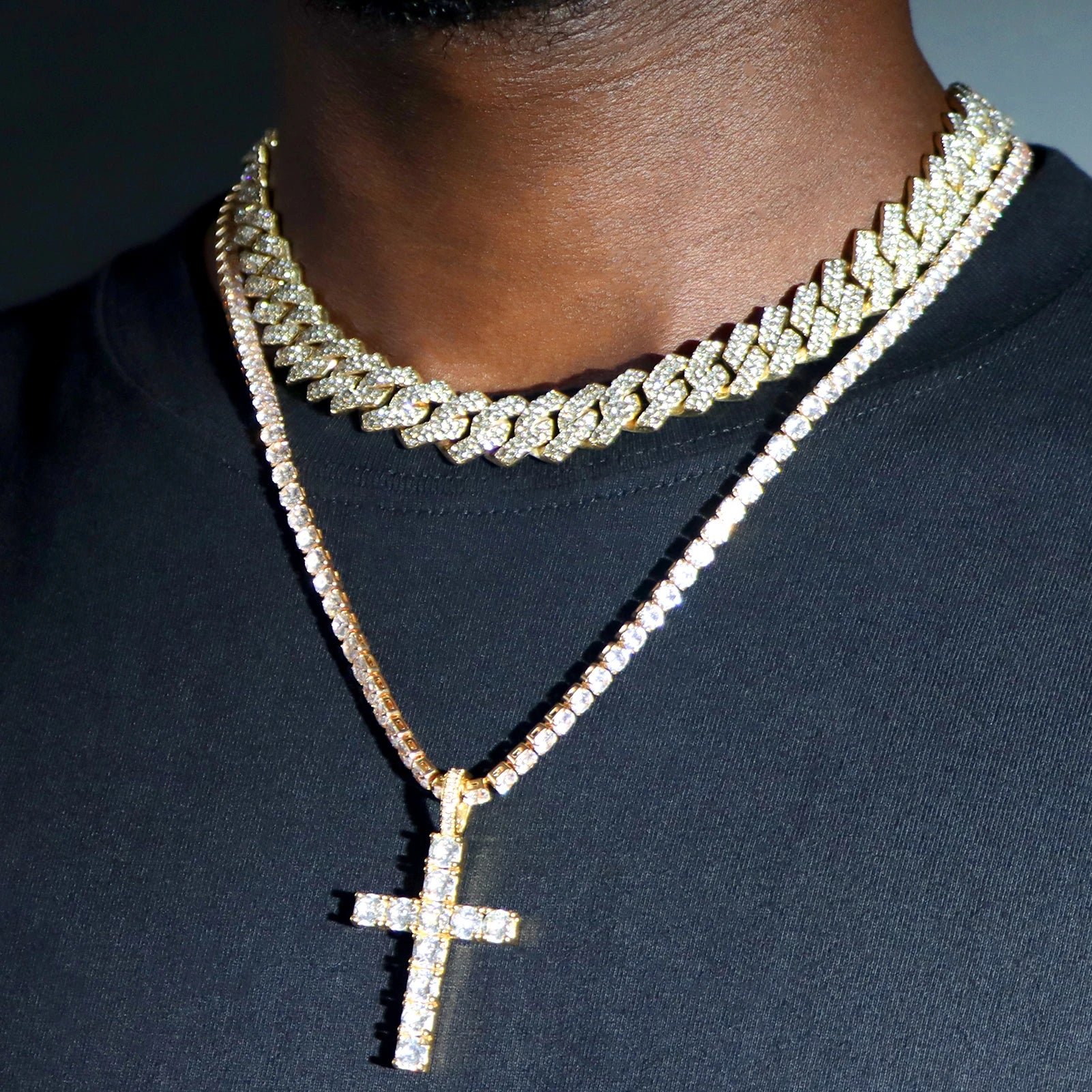 2-teiliges Iced Out-Paket: 14 mm Cuban + Tennis Cross Chain