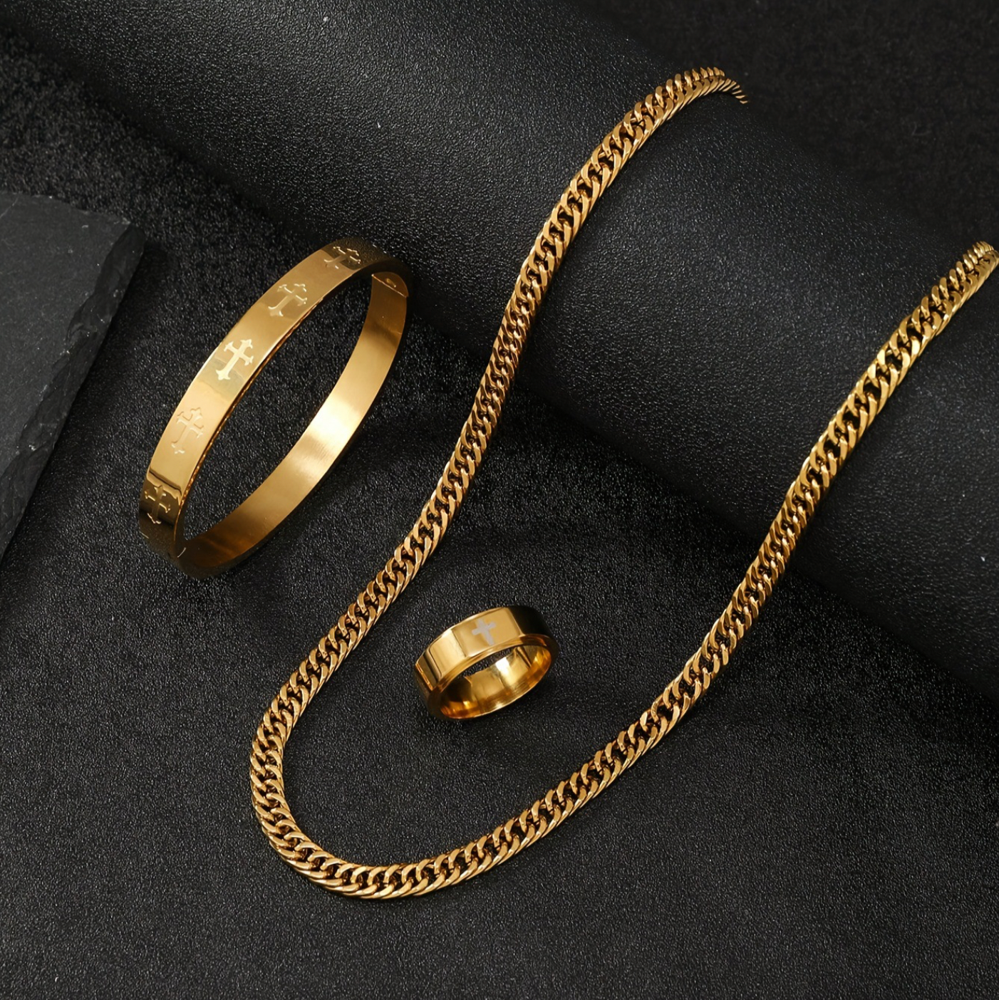 Grillz Boss Glory Gold Cuban Chain Cross Armreif und Kreuzring Bundle