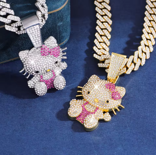 Diamond Hello Kitty Cuban Chain Pendant Necklace
