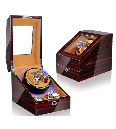 Luxury Walnut Wood 2+3 Watch Winder with Lock, LED Lights & Extra Storage