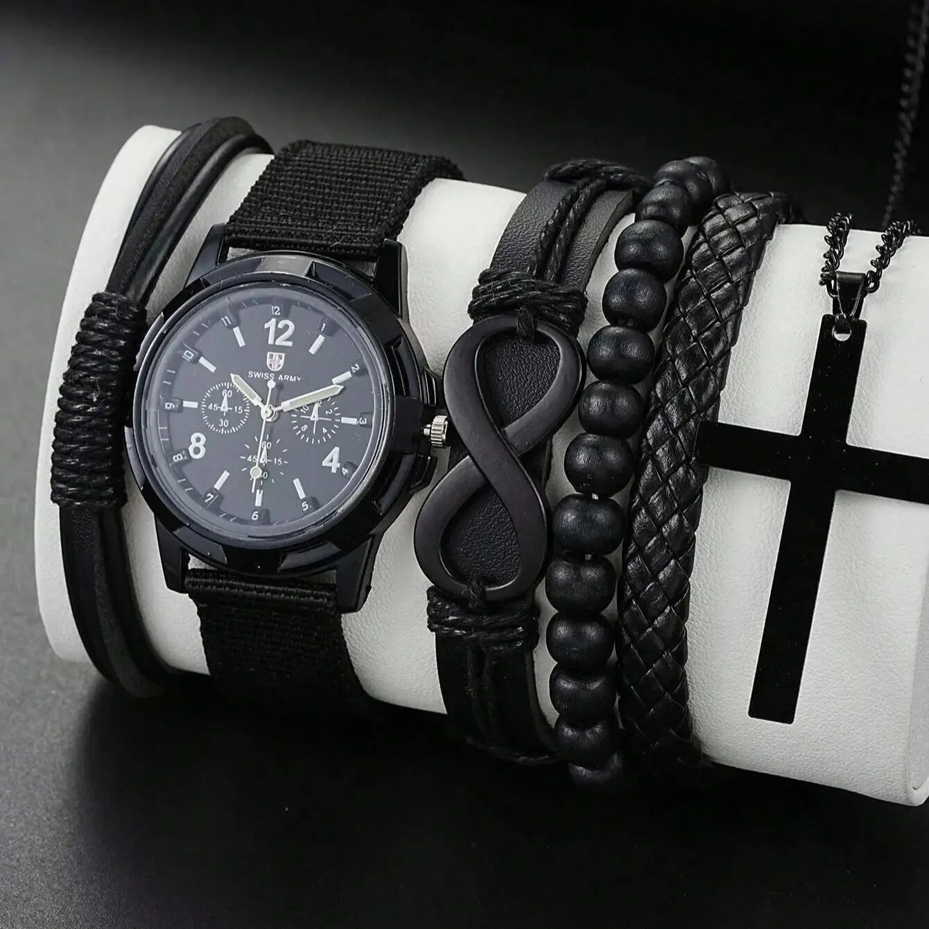 VVS Vanta Noir 6-Piece Men's Accessory Set – Leather Bracelet, Mechanical Watch & Cross Pendant Necklace Bundle