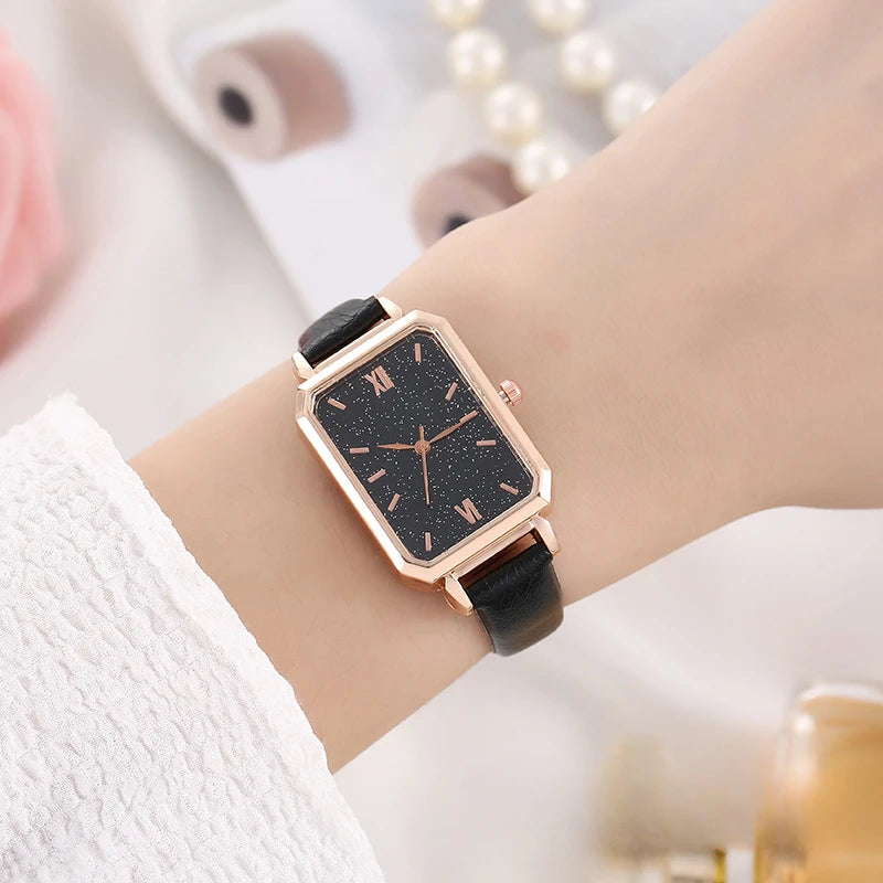Montre carrée pour femme, cadran et bracelet en cuir, inspirée de la pierre de malachite
