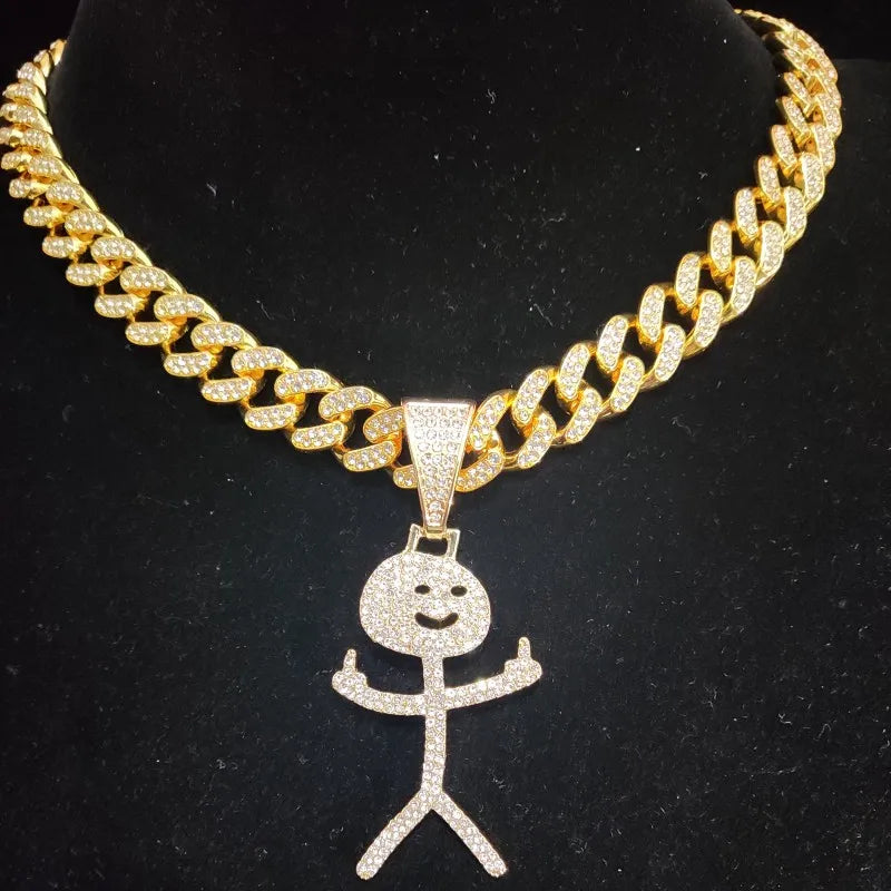 Collier cubain Stickman avec doigt d'honneur glacé - Pendentif hip-hop amusant