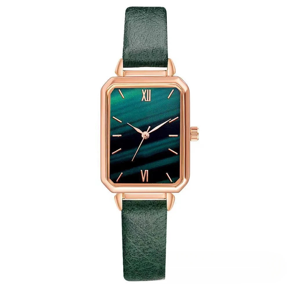 Zeitlose Damenuhr mit quadratischem Zifferblatt und Lederarmband, inspiriert von Malachitsteinen