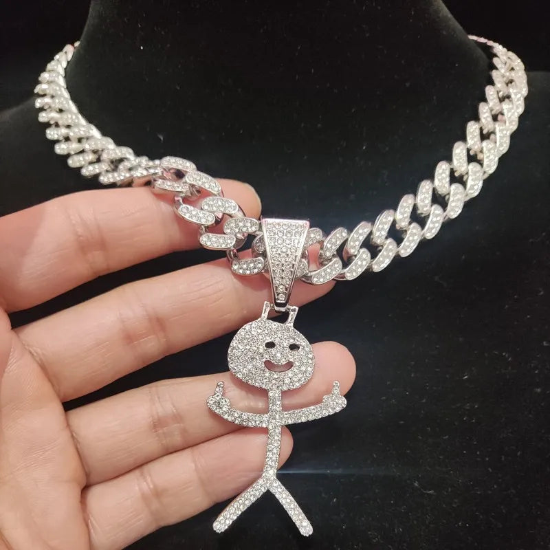 Collier cubain Stickman avec doigt d'honneur glacé - Pendentif hip-hop amusant