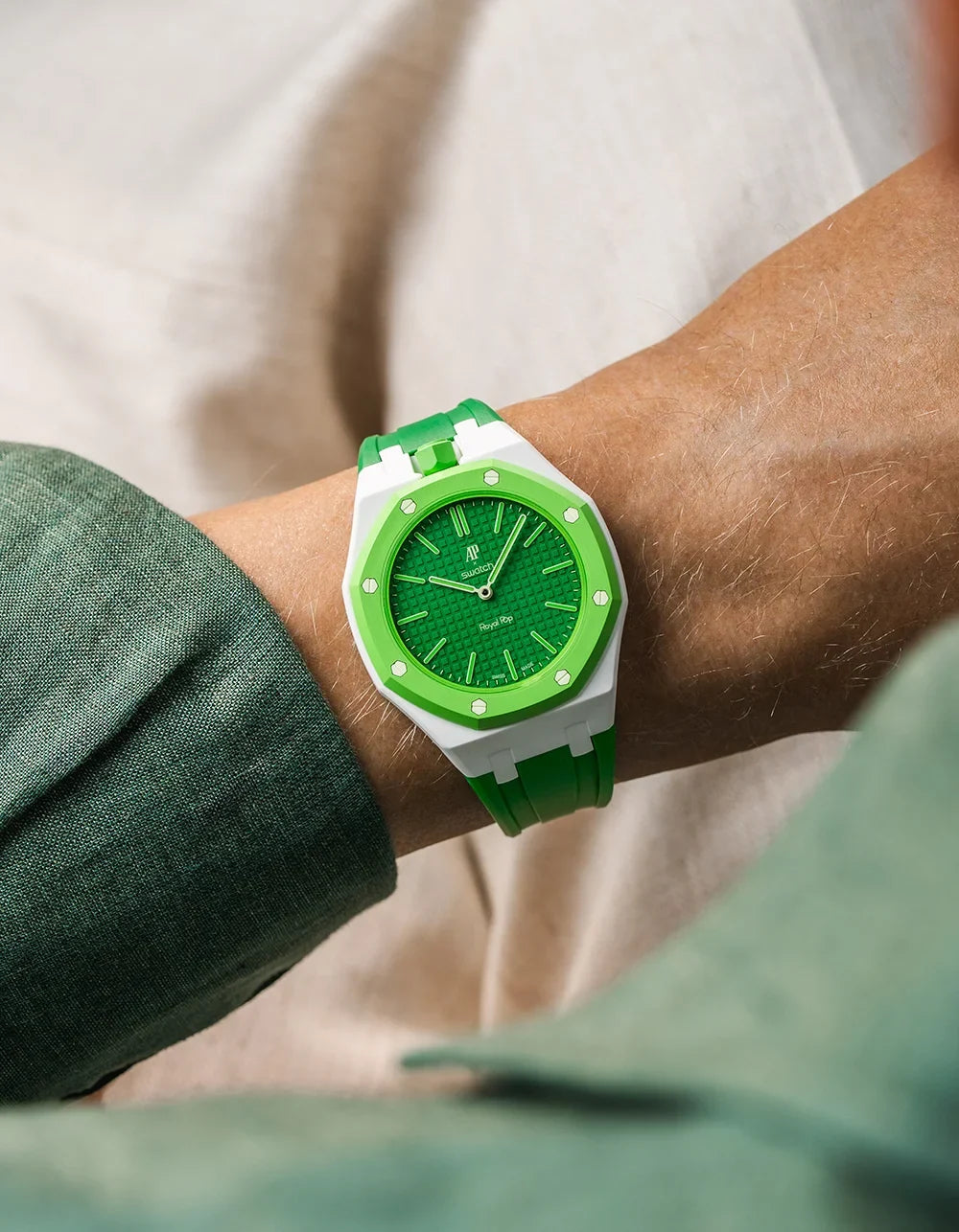 combo::white::rubber-strap-for-ap-x-swatch-royal-pop-green