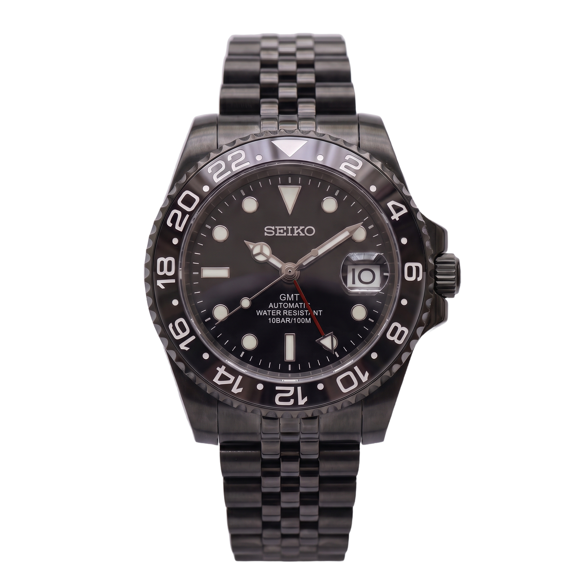 Stealth Redstrike Seiko mod GMT front view on Jubilee | strap=Jubilee