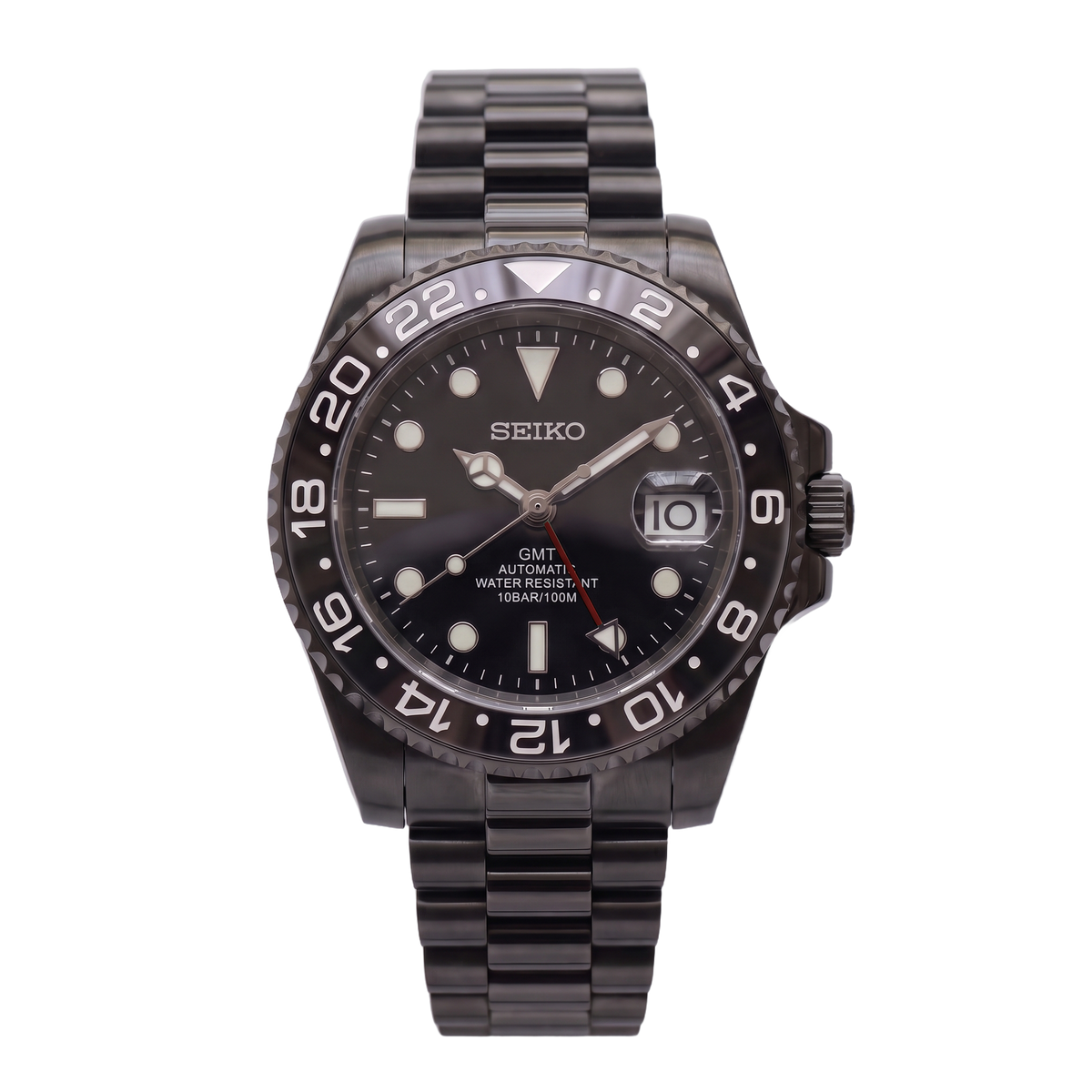 Stealth Redstrike Seiko mod GMT front view on Presidential | strap=Presidential