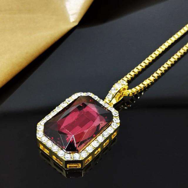 Hip Hop Fresh Jewelry hip hop jewelry rust red L Square Gemstone Pendant Chain