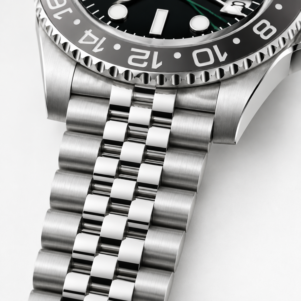 Detail view of VVS Watches bruce wayne bracelet links and case finishing; AI-assisted concept