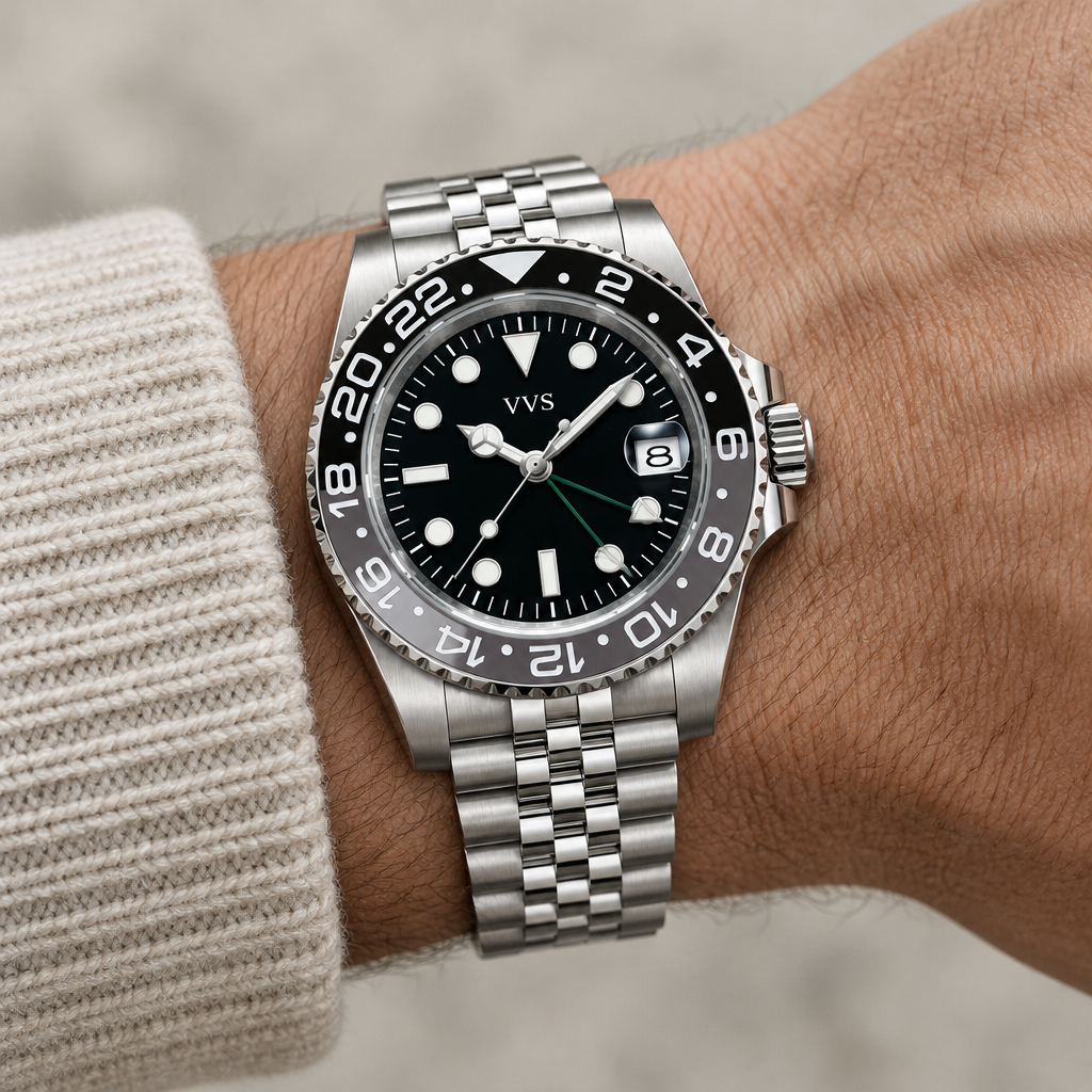 VVS Watches bruce wayne on wrist, AI-assisted lifestyle concept