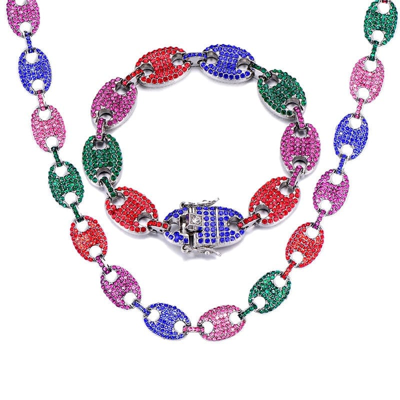 VVS Jewelry hip hop jewelry 1set Multi Silver / 8inch and 18inch Swag Rainbow Coffee Bean Pig Nose Chain + FREE Bracelet