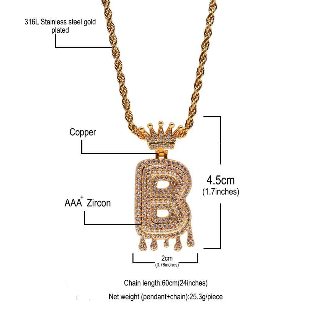 VVS Jewelry hip hop jewelry Gold/Silver Crown Ice Drip Bubble Initial Letter Pendant Necklace