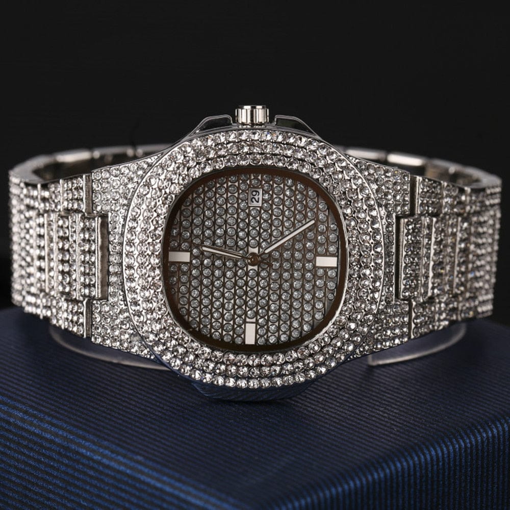 VVS Jewelry hip hop jewelry Gold/Silver Crucifix Necklace + Bracelet + OG Bust Down Watch Set
