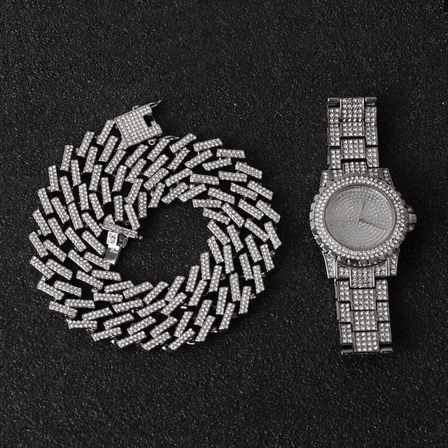 VVS Jewelry hip hop jewelry Miami Micro Pave Cuban Chain + Bracelet + Watch Set