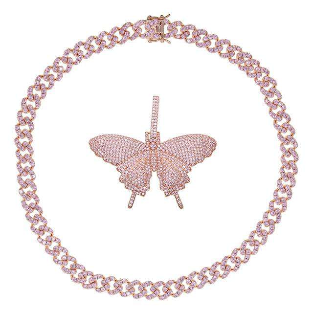 VVS Jewelry hip hop jewelry Pink / 18inch / 9mm VVS Jewelry Cuban Link Butterfly Choker + FREE Tennis Choker