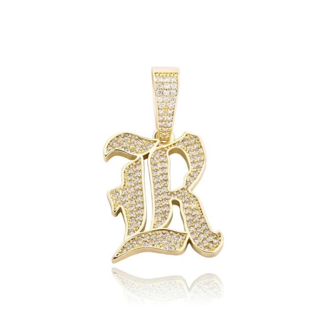 VVS Jewelry hip hop jewelry R / Rose gold VVS Jewelry Old English Initial Pendant Necklace