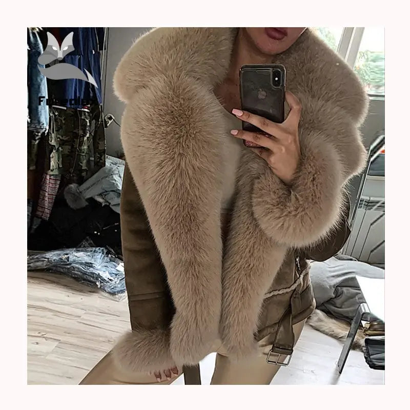 Luxury Genuine Fox Fur Leather Jacket