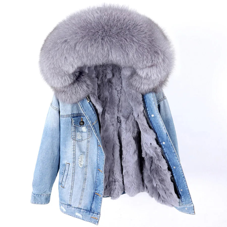 Real Rabbit Fur Denim Jacket