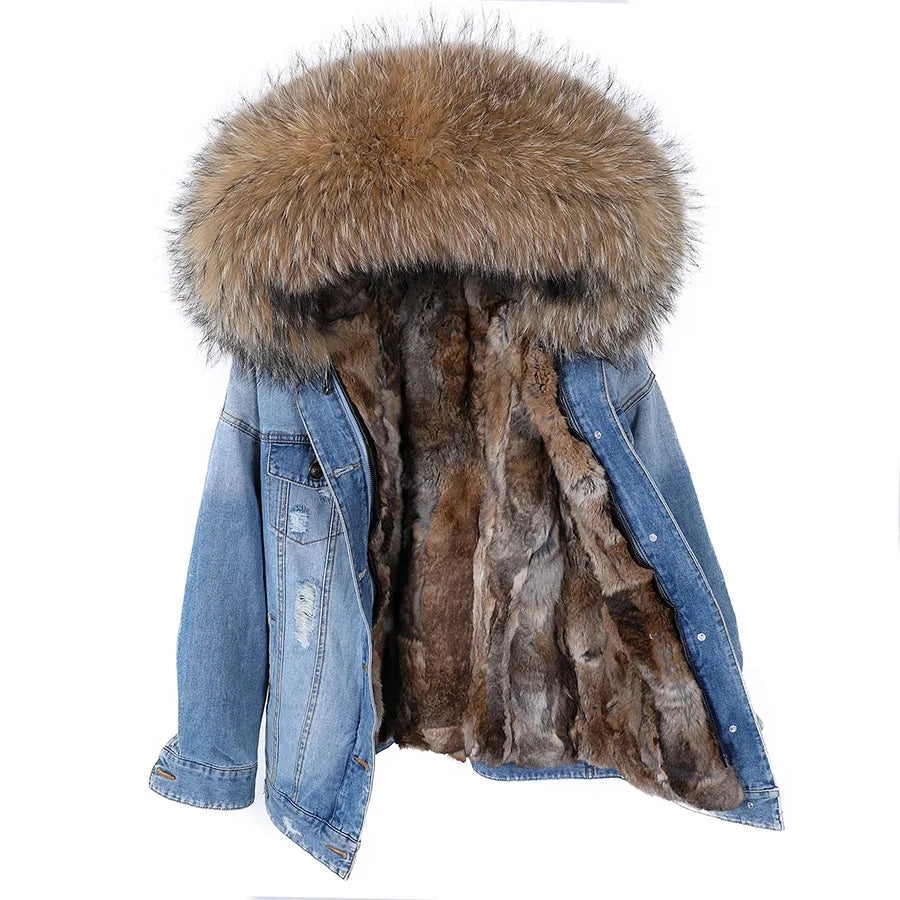 Real Rabbit Fur Denim Jacket