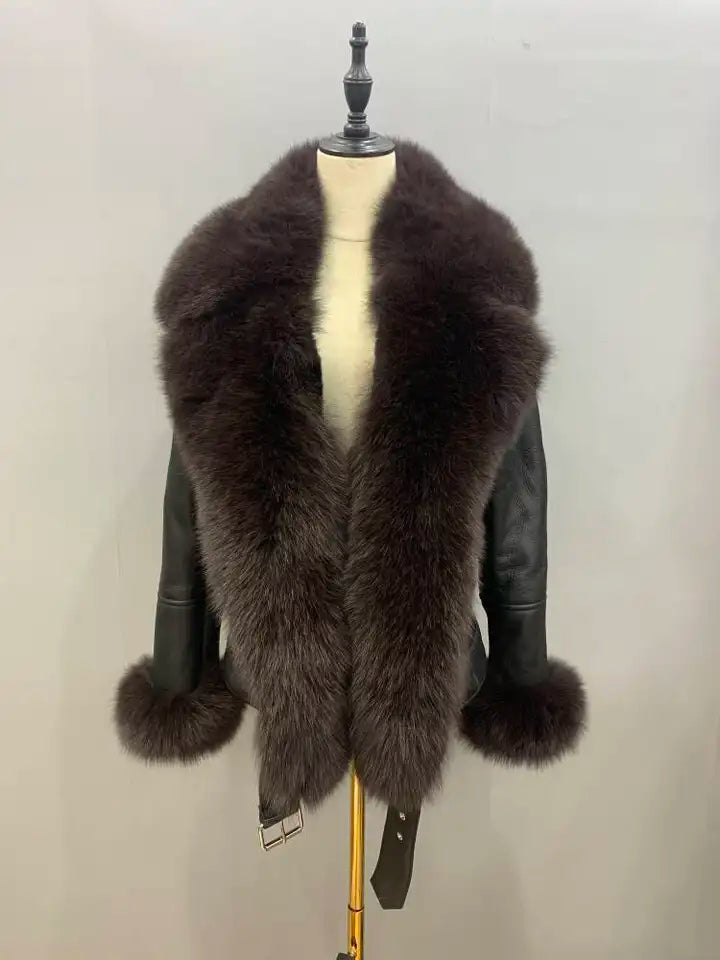 Luxury Genuine Fox Fur Leather Jacket