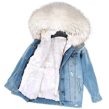 Real Rabbit Fur Denim Jacket