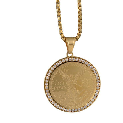 Iced Bezel 14k Gold Centenario Pendant Necklace