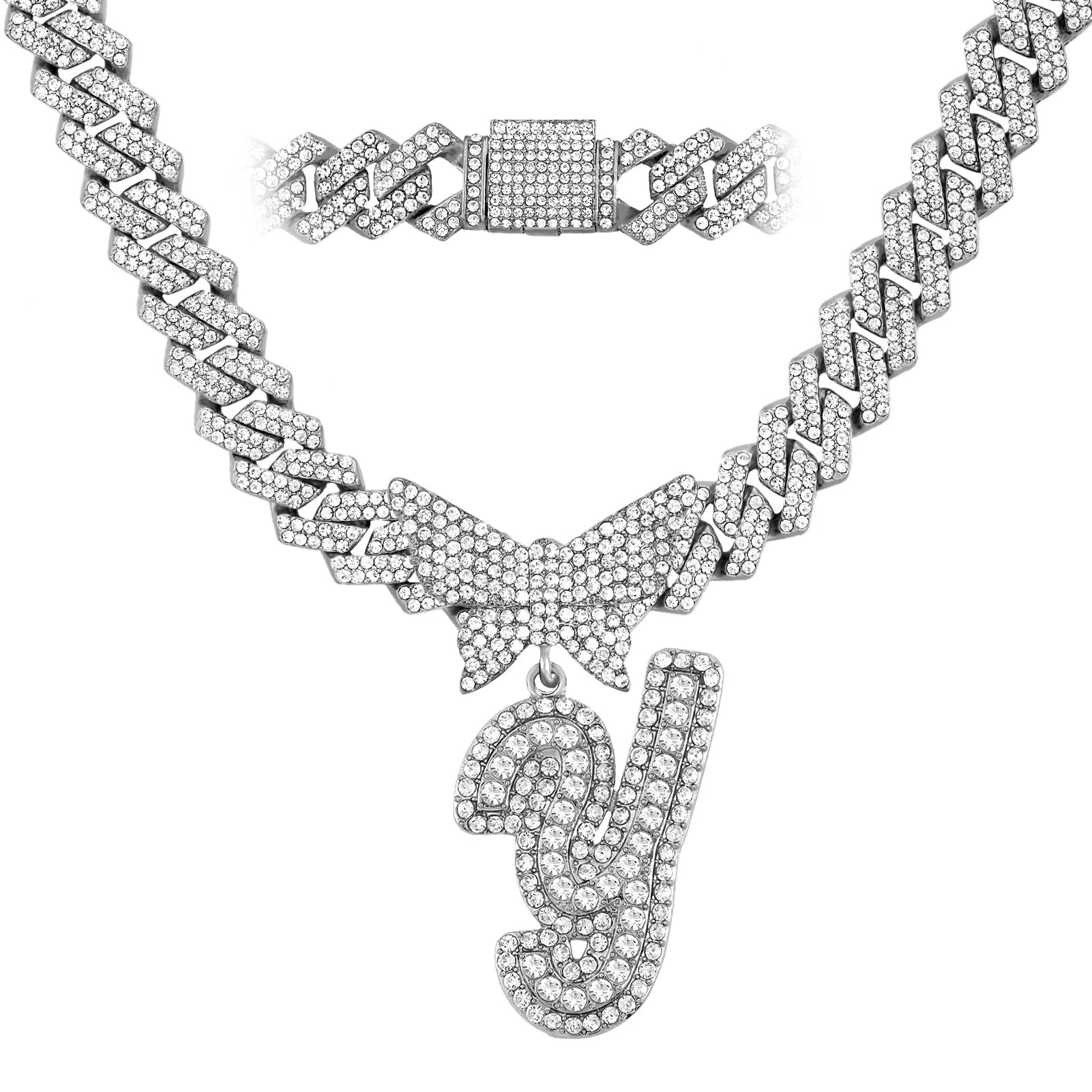 Initial Letter Pendant with14MM Cuban Chain Crystal Butterfly