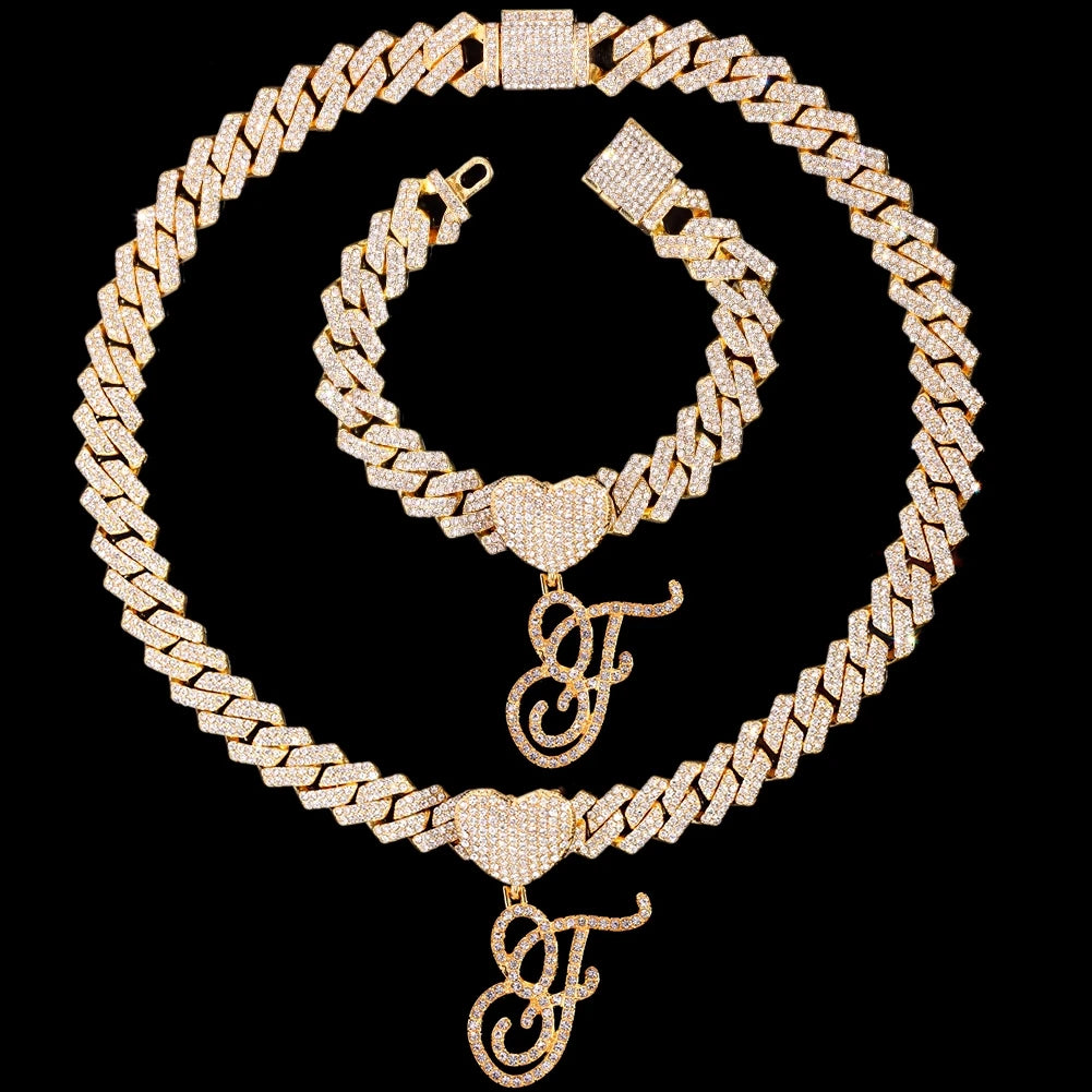 Initial Iced Out Cuban Link Chain Necklace Set