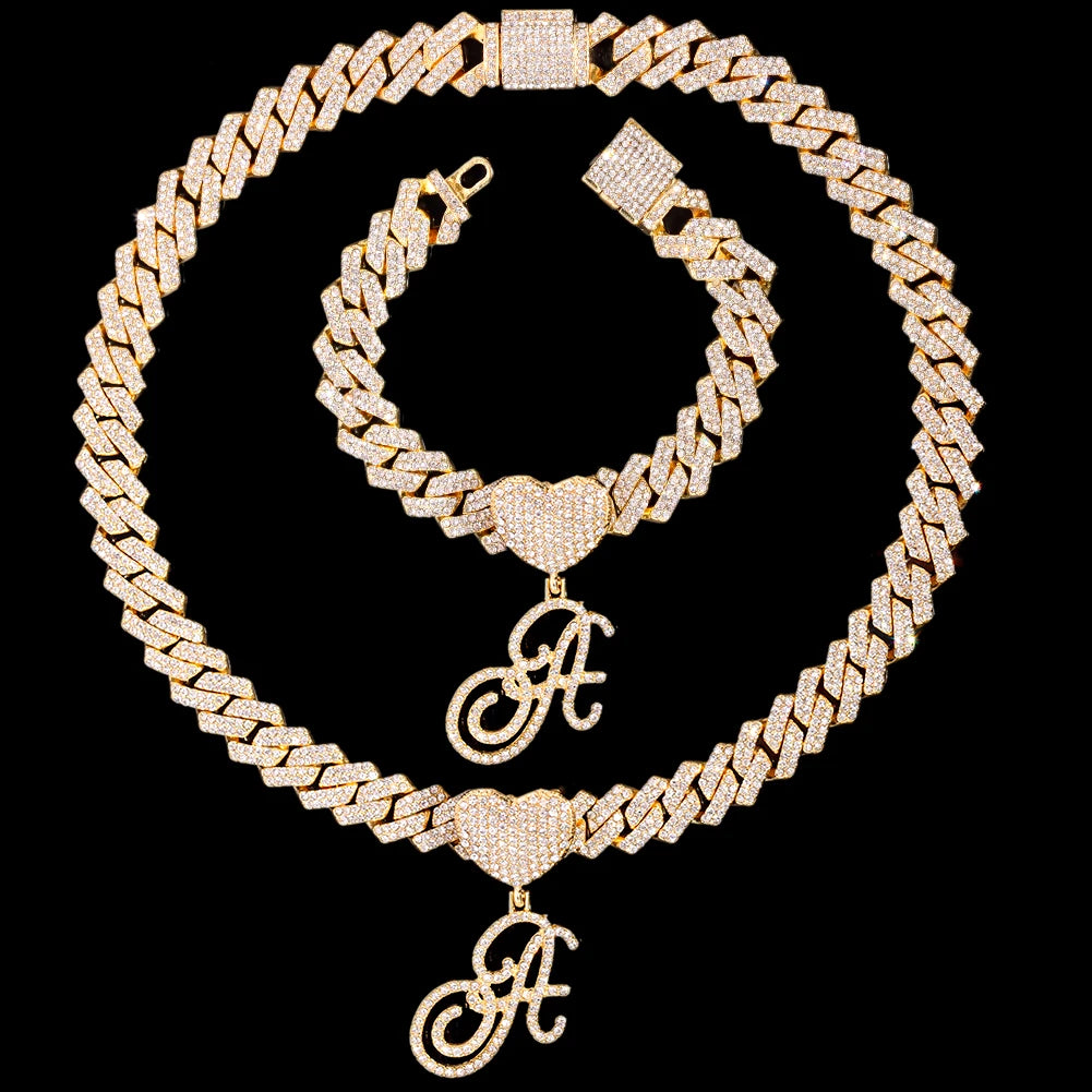 Initial Iced Out Cuban Link Chain Necklace Set