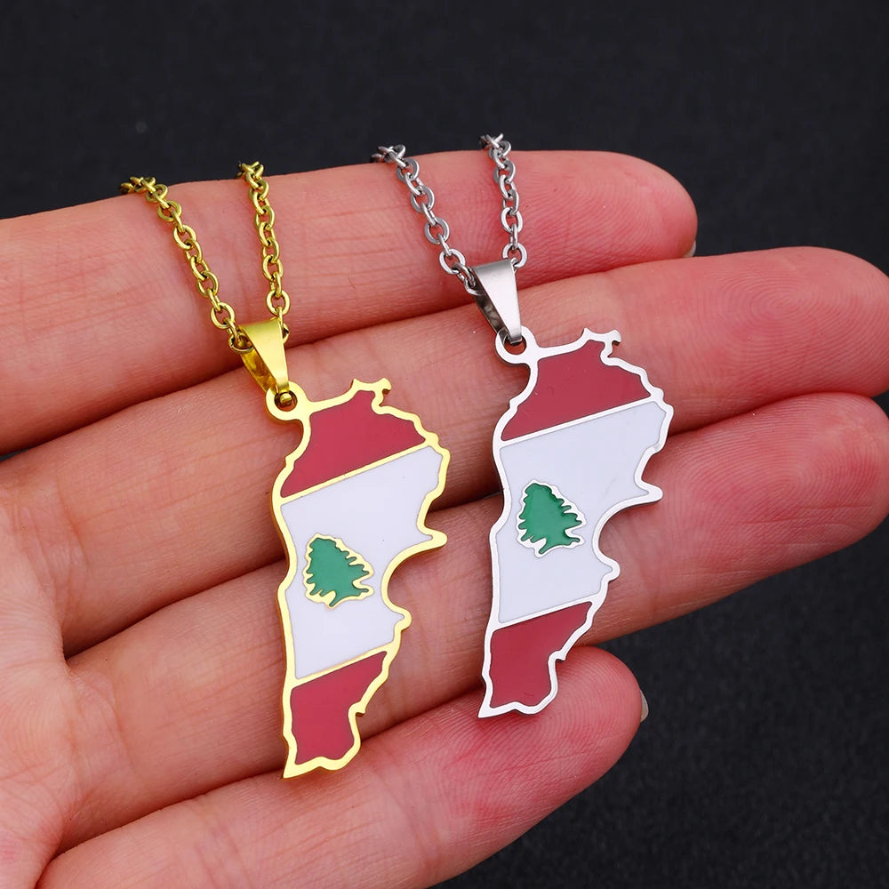 Stainless steel Enamel Lebanon Map Flag Pendant Necklace