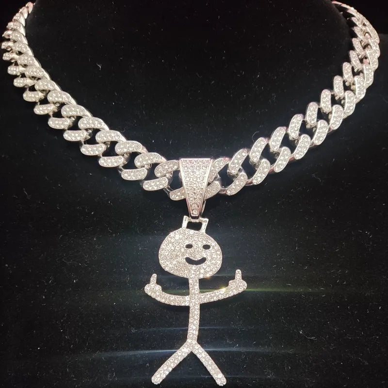 Iced Out Stickman Middle Finger Cuban Necklace - Funny Hip-Hop Pendant