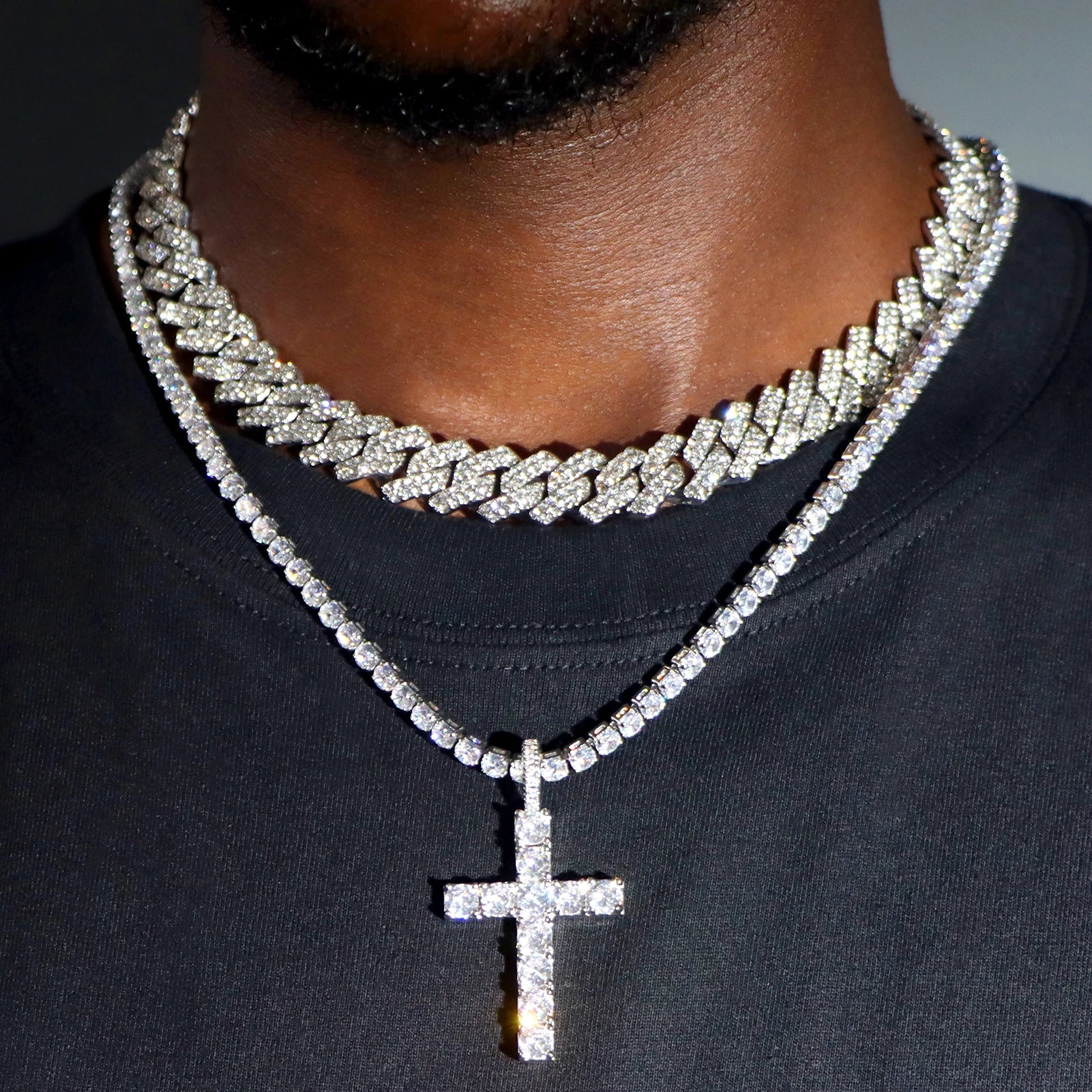 2-teiliges Iced Out-Paket: 14 mm Cuban + Tennis Cross Chain