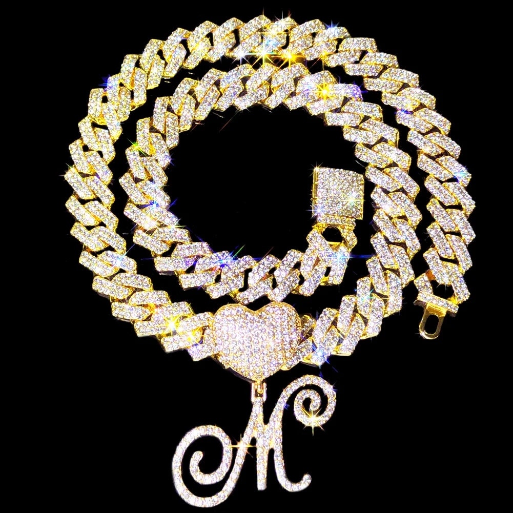 Initial Iced Out Cuban Link Chain Necklace Set