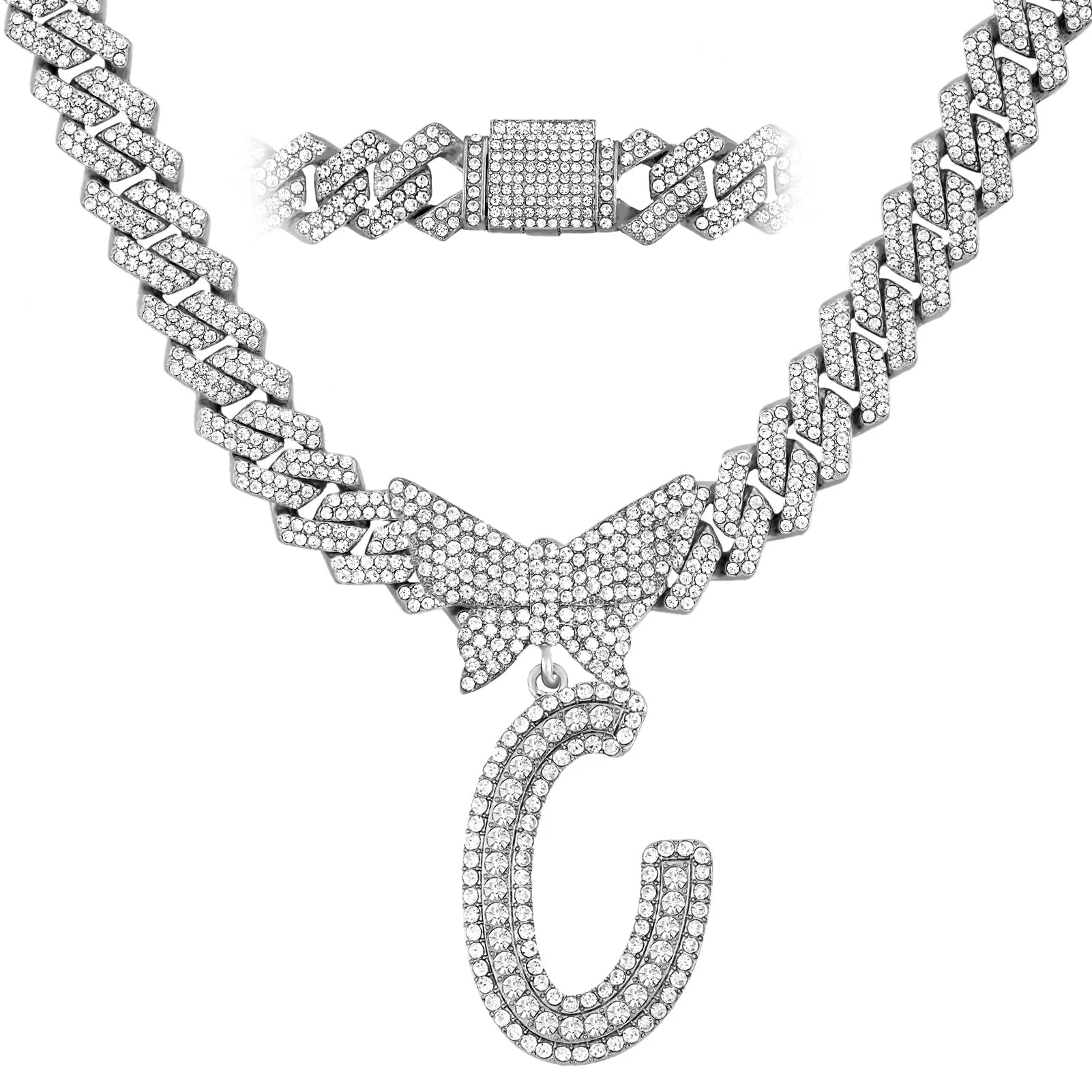 Initial Letter Pendant with14MM Cuban Chain Crystal Butterfly