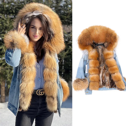 Real Rabbit Fur Denim Jacket